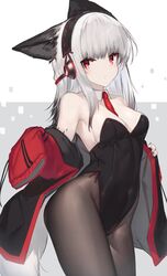  alternate_costume animal_ears arknights bare_shoulders black_pantyhose breasts cleavage covered_navel cowboy_shot detached_collar female fox_ears frostleaf_(arknights) grey_background grey_hair headphones highres implied_extra_ears jacket leotard long_hair long_sleeves looking_at_viewer material_growth medium_breasts necktie nontraditional_playboy_bunny off_shoulder oripathy_lesion_(arknights) pantyhose playboy_bunny red_eyes red_necktie sleeves_past_fingers sleeves_past_wrists solo two-tone_background white_background yki 