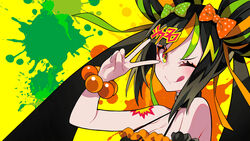  :q absurdres amy_(dechau!) black_hair blush bobbles bow breasts cleavage dechau! double_bun female green_bow green_hair hair_bun hairbow highres lam_(ramdayo) long_hair multicolored_eyes multicolored_hair one_eye_closed orange_bow orange_hair paint_splatter polka_dot polka_dot_bow red_eyes smile solo streaked_hair tongue tongue_out upper_body v v_over_eye virtual_youtuber wrist_bobbles yellow_background yellow_eyes 