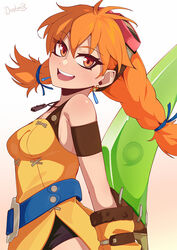  :d aika_(eternal_arcadia) armband arms_at_sides artist_name bare_shoulders belt belt_buckle bike_shorts boomerang braid breasts buckle cowboy_shot darahan earrings eternal_arcadia female gloves goggles goggles_on_head gradient_background happy jewelry left-handed long_hair looking_at_viewer medium_breasts necklace open_mouth orange_eyes orange_hair short_shorts shorts signature single_glove smile solo standing twin_braids twintails weapon yellow_gloves 