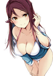  absurdres bikini blue_jacket breasts cleavage collarbone dark_red_hair female gengoroh hair_ornament hairclip highres jacket leaning_forward long_hair love_live! love_live!_sunshine!! medium_breasts sakurauchi_riko simple_background smile solo swimsuit thigh_gap white_background white_bikini yellow_eyes 