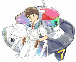  1980s_(style) 1boy against_railing assault_visor breast_pocket brown_gloves brown_hair cropped_legs dated ginga_hyouryuu_vifam gloves green_eyes head_tilt headphones headphones_around_neck headset highres jumpsuit kujira_gunsou leaning_back light_smile looking_at_viewer male_focus mecha pants pen pen_in_pocket pocket radio_antenna railing red_shirt retro_artstyle robot roddy_shuffle science_fiction shirt short_hair signature simple_background sleeves_rolled_up solo_focus sparkle split_mouth t-shirt thick_eyebrows very_short_hair vifam white_background white_jumpsuit 