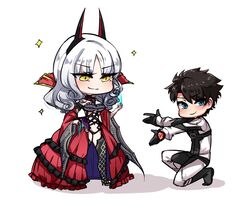  1boy ayanobro blush bondage_outfit carmilla_(fate) chibi command_spell detached_sleeves fate/grand_order fate_(series) female fingernails fujimaru_ritsuka_(male) fujimaru_ritsuka_(male)_(chaldea_combat_uniform) high_heels highres horns long_fingernails official_alternate_costume simple_background smile sparkle supportasse thighhighs white_background white_hair yellow_eyes 