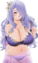  absurdres bikini breasts camilla_(fire_emblem) camilla_(summer)_(fire_emblem) cleavage collarbone female fire_emblem fire_emblem_fates fire_emblem_heroes flower genm7 hair_flower hair_ornament hair_over_one_eye highres huge_breasts looking_at_viewer nail_polish navel o-ring o-ring_bikini official_alternate_costume pink_nails purple_bikini purple_eyes purple_hair purple_nails sarong see-through see-through_sarong smile solo swimsuit teeth upper_body wavy_hair white_background 