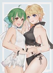  2girls absurdres asymmetrical_docking black_panties blonde_hair blue_eyes bow breast_press breasts brown_eyes dress from_side green_hair hair_behind_ear halterneck highres holding_another&#039;s_arm kabu_(kaopako_) macross macross_frontier macross_frontier:_toki_no_meikyu medium_breasts midriff multiple_girls navel open_mouth panties ranka_lee sheryl_nome sideboob small_breasts underwear white_bow white_dress 