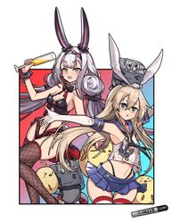  2girls anchor_hair_ornament animal_ears azur_lane bird black_bow black_bowtie black_hairband black_neckerchief black_panties black_sailor_collar blonde_hair blue_skirt blush bow bowtie breasts center-flap_bangs champagne_flute chick commentary crop_top crossover cup detached_collar drinking_glass elbow_gloves extra_eyebrows fake_animal_ears fishnet_thighhighs fishnets gloves grey_eyes hair_between_eyes hair_ornament hairband highleg highleg_panties highres historical_name_connection holding holding_cup kantai_collection kuroinu9 long_hair looking_at_viewer low_twintails manjuu_(azur_lane) microskirt multiple_girls name_connection neckerchief nontraditional_playboy_bunny official_alternate_costume open_mouth outside_border outstretched_arms panties parted_lips pleated_skirt rabbit_ears rensouhou-chan sailor_collar school_uniform serafuku shimakaze_(azur_lane) shimakaze_(kancolle) shimakaze_(world&#039;s_speediest_bunny_waitress)_(azur_lane) short_eyebrows sidelocks skirt small_breasts thighhighs torpedo twintails underwear white_gloves white_hair wrist_cuffs yellow_eyes 