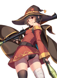  :q absurdres ass bandaged_leg bandages belt black_panties black_thighhighs blush brown_hair cape dress female fingerless_gloves gloves hat highres holding kono_subarashii_sekai_ni_shukufuku_wo! licking_lips looking_at_viewer megumin panties red_dress red_eyes rocket_launcher rpg-7 rpg_(weapon) sgt-jz short_hair simple_background single_thighhigh skindentation smile solo thighhighs tongue tongue_out underwear weapon white_background witch_hat 