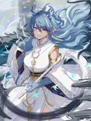  arknights blue_eyes blue_hair blue_skin colored_skin detached_sleeves dragon_girl dragon_horns dress female gold_necklace gradient_skin hair_between_eyes highres horns jewelry ling_(arknights) ling_(it_does_wash_the_strings)_(arknights) long_hair looking_at_viewer necklace official_alternate_costume pointy_ears smile solo weeiskaw white_dress 