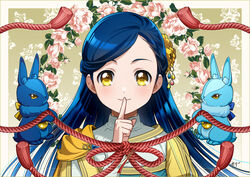  blue_hair border closed_mouth female finger_to_mouth floating_hair flower hair_flower hair_ornament honzuki_no_gekokujou index_finger_raised kaze-hime long_hair looking_at_viewer myne_(honzuki_no_gekokujou) parted_bangs pink_flower rabbit shushing smile solo very_long_hair white_border yellow_eyes yellow_flower 