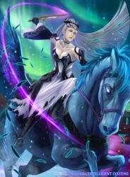  aurora bare_shoulders black_dress blue_eyes boots breasts choker circlet cleavage dress earrings eir_(fire_emblem) female fire_emblem fire_emblem_cipher fire_emblem_heroes gloves hair_ornament holding holding_weapon horse jewelry knife long_hair night night_sky official_art pale_skin ponytail sky slashing soeda_ippei torn_clothes torn_dress weapon white_dress white_hair wide_sleeves 