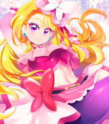  belt_bow blonde_hair bow_skirt breasts brooch butterfly_earrings butterfly_hat cure_butterfly earrings elbow_gloves female gloves hijiri_ageha hirogaru_sky!_precure jewelry long_hair looking_at_viewer looking_down magical_girl mini_koala navel pink_headwear pink_skirt precure purple_eyes single_leg_pantyhose skirt small_breasts smile solo very_long_hair wing_brooch 