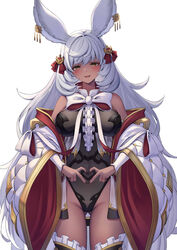  absurdres animal_ears ass_visible_through_thighs black_leotard blush bow bowtie breasts cowboy_shot detached_sleeves erune female granblue_fantasy heart heart_hands highres large_breasts leotard long_hair looking_at_viewer makura_(granblue_fantasy) open_mouth rabbit_ears rabbit_girl see-through see-through_leotard showgirl_skirt simple_background smile solo standing thighhighs transparent_leotard white_background white_bow white_bowtie white_hair yellow_eyes ym_(distance819) 