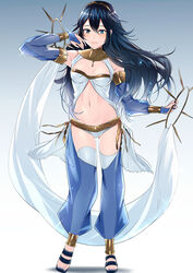  alternate_costume ameno_(a_meno0) anklet arabian_clothes arm_up bare_shoulders blue_eyes blue_hair blue_nails breasts cleavage cosplay dancer detached_sleeves female fire_emblem fire_emblem_awakening floating_hair full_body gold_trim gradient_background hair_between_eyes harem_outfit highres jewelry legs light_blush long_hair long_legs looking_at_viewer lucina_(fire_emblem) midriff nail_polish navel olivia_(fire_emblem) olivia_(fire_emblem)_(cosplay) pants sandals see-through sidelocks simple_background slim_legs small_breasts smile solo standing symbol-shaped_pupils thighhighs thighs tiara toeless_footwear toenail_polish toenails toes 