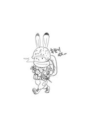  2020 ambiguous_gender anthro backpack black_and_white clothed clothing dipstick_ears disney dot_eyes ear_markings ellipsis fully_clothed fur gun holding_gun holding_object holding_ranged_weapon holding_weapon judy_hopps korean_text lagomorph leporid mammal monochrome multicolored_ears rabbit ranged_weapon simple_background solo swetpot text unavailable_at_source walking weapon white_background zootopia 