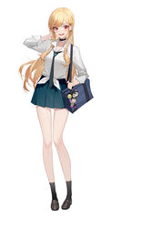  :d absurdres arm_up bag black_choker black_socks blonde_hair blouse blue_background brown_footwear carrying_bag chinese_commentary choker collared_shirt commentary ear_piercing earrings female full_body green_necktie green_skirt gyaru hand_in_own_hair highres jewelry kitagawa_marin long_hair long_legs luozhou_pile miniskirt necktie nikaidou_shion open_mouth piercing pleated_skirt red_eyes school_bag school_uniform shirt shirt_tucked_in shoes simple_background skirt smile socks solo sono_bisque_doll_wa_koi_wo_suru teeth upper_teeth_only very_long_hair white_background white_shirt 