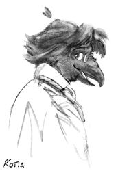  3:4 absurd_res anthro avian beak bird clothed clothing corvid corvus_(genus) digital_media_(artwork) feathers hi_res joseph_corbeau kotia male monochrome open_mouth oscine passerine raven simple_background solo 