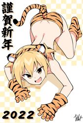  2022 all_fours anbe_masahiro animal_ears animal_print artist_name atsumare!_fushigi_kenkyuubu bikini blonde_hair boots chinese_zodiac fake_animal_ears fake_tail female from_above gloves happy_new_year highres kanda_chiaki looking_at_viewer new_year oerba_yun_fang orange_bikini orange_eyes orange_footwear orange_gloves print_bikini print_footwear print_gloves shadow short_hair signature solo swimsuit tail tiger_ears tiger_print tiger_tail translated year_of_the_tiger 