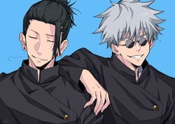  2boys arm_on_another&#039;s_shoulder black_hair black_jacket blue_background blue_eyes closed_eyes ear_piercing gakuran getou_suguru gojou_satoru grey_hair grin gusha_(orenji_hnkn) hair_between_eyes hair_bun hair_pulled_back jacket jujutsu_kaisen long_sleeves looking_at_another male_focus multiple_boys parted_lips piercing round_eyewear school_uniform short_hair sideways_glance simple_background single_hair_bun smile sunglasses upper_body 