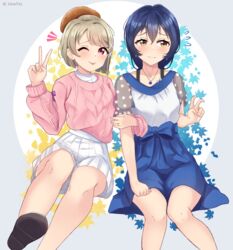  2girls ;p absurdres asymmetrical_hair bare_legs blue_bow blue_hair blue_skirt blush bob_cut bow grey_hair hair_between_eyes hair_ornament hairclip highres in-franchise_crossover leaf linatai long_hair long_sleeves love_live! love_live!_nijigasaki_high_school_idol_club love_live!_school_idol_festival_all_stars love_live!_school_idol_project multiple_girls nakasu_kasumi one_eye_closed pink_sweater pleated_skirt red_eyes see-through see-through_sleeves shoes short_hair short_sleeves skirt sonoda_umi sweater tongue tongue_out v white_skirt yellow_eyes 