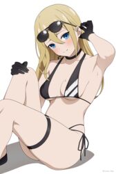  adjusting_hair armpits bikini black_bikini black_choker black_footwear black_gloves blonde_hair blue_archive blue_eyes blush breasts choker closed_mouth coro_fae cosplay dot_nose eyewear_on_head feet_out_of_frame female gloves hair_between_eyes hand_on_own_knee hayasaka_ai head_tilt highres iori_(blue_archive) iori_(blue_archive)_(cosplay) iori_(swimsuit)_(blue_archive) kaguya-sama_wa_kokurasetai_~tensai-tachi_no_renai_zunousen~ knee_up long_hair looking_at_viewer medium_breasts multi-strapped_bikini_bottom paid_reward_available sandals shadow side-tie_bikini_bottom simple_background sitting smile solo sunglasses swimsuit thigh_strap thighs twitter_username white_background 