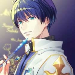  1boy a3! bad_id bad_pixiv_id blue_background blue_eyes blue_hair brooch character_name collar copyright_name gold_trim gradient_background hand_up jewelry looking_at_viewer male_focus oikoyo pen pocket short_hair simple_background smile solo tsukioka_tsumugi twitter_username uniform upper_body wand 