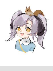  aug_para_(girls&#039;_frontline) blush female girls&#039;_frontline hair_ribbon light_purple_hair long_hair looking_at_viewer open_mouth ribbon smile smile_(mm-l) solo squirrel teeth twintails upper_body upper_teeth_only white_background yellow_eyes 