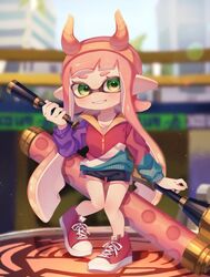  akr_tmr black_shorts blurry blurry_background commentary female full_body green_eyes hero_roller_(splatoon) highres inkling inkling_girl inkling_player_character long_hair long_sleeves looking_at_viewer parted_lips pink_hair pointy_ears red_footwear shoes shorts smile sneakers solo splatoon_(series) symbol-only_commentary teeth tentacle_hair 