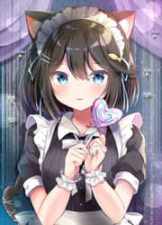  :p animal_ear_fluff animal_ears apron bangs black_dress black_hair blue_eyes breasts candy cat_ears cat_girl cat_tail closed_mouth commentary_request curtains dress eyebrows_visible_through_hair female food hair_between_eyes hands_up heart_lollipop highres holding holding_candy holding_food holding_lollipop lollipop looking_at_viewer maid maid_headdress masayo_(gin_no_ame) original puffy_short_sleeves puffy_sleeves short_sleeves small_breasts smile solo swirl_lollipop tail tail_raised tongue tongue_out upper_body white_apron wrist_cuffs 