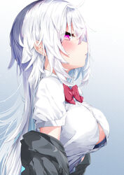  absurdres blue_bra blush bow bowtie bra bra_peek breasts button_gap commentary_request female from_side gradient_background grey_background grey_jacket hair_between_eyes highres jacket kamioka_shun&#039;ya large_breasts long_hair looking_at_viewer looking_to_the_side off_shoulder open_clothes open_jacket original parted_lips pink_eyes profile red_bow red_bowtie shiori_(kamioka_shun&#039;ya) shirt sideways_glance solo underwear upper_body white_hair white_shirt 