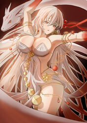  absurdres animal armlet bare_shoulders belly_chain blush breasts cleavage colored_skin durga_(fate) earrings fate/grand_order fate_(series) female fuyu_no_oka gradient_skin grey_hair hair_ribbon highres jewelry large_breasts long_hair looking_to_the_side open_mouth orange_eyes oversized_animal pelvic_curtain red_skin revealing_clothes ribbon sash snake solo thighs very_long_hair 