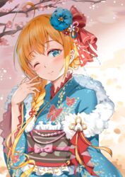  ;) ahoge blue_eyes blue_flower blue_kimono bow braid cherry_blossoms closed_mouth commentary_request female flower flower_knot food frills fur-trimmed_kimono fur_trim hair_bun hair_flower hair_ornament hair_ribbon hand_up japanese_clothes kimono long_hair miazi new_year obi one_eye_closed onigiri orange_hair pecorine_(new_year)_(princess_connect!) pecorine_(princess_connect!) pink_bow princess_connect! red_flower red_ribbon ribbon sash single_hair_bun smile solo tassel upper_body white_flower wide_sleeves 