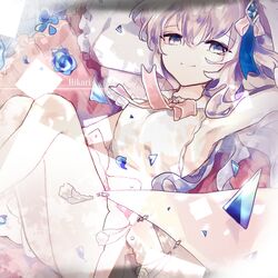  absurdres arcaea ariez arm_up character_name closed_mouth dress female grey_eyes grey_hair hair_between_eyes hair_ornament highres hikari_(arcaea) long_hair looking_at_viewer lying neck_ribbon on_back ribbon sleeveless sleeveless_dress smile solo white_dress 