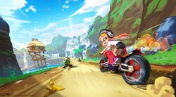  2boys artist_name ass banana_peel bike_shorts bird blue_sky bowser commentary crossover day driving english_commentary exhaust_pipe fangs female go-kart headphones highres inkling inkling_girl inkling_player_character item_box_(mario) looking_at_viewer looking_back mario mario_(series) mario_kart mario_kart_8 mario_kart_wii mleth motion_blur motor_vehicle motorcycle mountain multiple_boys open_mouth orange_eyes orange_hair outdoors palm_tree racing riding road shoes short_shorts shorts sky sneakers speed_lines spiked_shell splatoon_(series) standard_bike_(mario) tentacle_hair tree water waterfall watermark web_address 