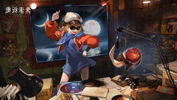  1other absurdres apple apple_(reverse:1999) bandana bijian_de_linghun blue_dress bow bowtie brown_hair cabbie_hat chinese_commentary collar commentary crescent_moon dancing dj dress female food fruit full_moon ghost hat highres microphone moon multiple_moons night night_sky ocean official_art radio_booth record regulus_(reverse:1999) reverse:1999 scar sky studio sunglasses 