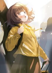  :o bloom blush bob_cut brown_hair female guitar_case highres hood hoodie instrument_case light_particles morning open_mouth original rolling_suitcase short_hair skirt solo_focus standing suitcase sunlight surprised yellow_hoodie yukimaru_nun 