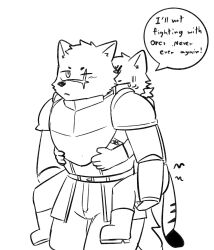  after_sex anthro armor blush bodily_fluids bottomwear canid canine canis carrying_another clothing crying dialogue domestic_cat duo emanata felid feline felis hi_res male male/male mammal northwoooof pain pants piggyback scar tears toby_(northwoooof) wolf wolf_knight_(northwoooof) 