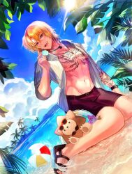  1boy abs ball beach beachball blonde_hair brown_male_swimwear chest_tattoo food grey_shirt gunmetalrose holding holding_food holding_popsicle jewelry luca_kaneshiro male_focus male_swimwear medium_hair muscular muscular_male navel necklace nijisanji nijisanji_en nipples ocean open_clothes open_shirt popsicle purple_eyes shirt solo stomach tattoo teeth upper_teeth_only virtual_youtuber 