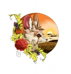  2020 ambiguous_feral ambiguous_gender black_nose blue_flower brown_body brown_eyes brown_fur canid canine cheek_tuft colored desert digital_drawing_(artwork) digital_media_(artwork) evening facial_tuft fennec_fox feral flower fox fur headshot_portrait hi_res inner_ear_fluff leaf mammal mountain multicolored_body multicolored_fur orange_sky outside pink_flower pink_inner_ear plant portrait rose_(flower) shaded side_view signature sky solo sun sunset tan_inner_ear_fluff true_fox tuft whiskers xtharsa 