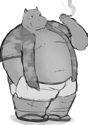  2024 absurd_res anthro belly big_belly bottomwear clothed clothing common_hippopotamus en_1_9 hi_res hippopotamid kemono male mammal open_clothing open_shirt open_topwear overweight overweight_male sandals shirt shorts simple_background smoking solo topwear 