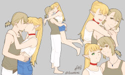  2girls barefoot blonde_hair blue_shorts brown_tank_top carrying carrying_person choker closed_eyes closed_mouth commentary_request crop_top denim denim_shorts dungeon_meshi elf falin_touden falin_touden_(tallman) green_eyes grey_background grin highres jewelry kazenoisumi kissing long_hair marcille_donato midriff multiple_girls necklace one_eye_closed open_mouth pants parted_lips pointy_ears ponytail_with_braided_base red_choker short_ponytail shorts simple_background smile tank_top twitter_username white_pants white_tank_top yellow_eyes yuri 