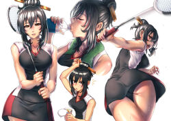  ass badminton badminton_racket badminton_uniform black_hair black_panties black_shirt black_skirt bottle breasts brown_eyes cleavage cup_ramen drinking female green_towel hair_between_eyes hair_bun hair_ornament hairpin hanebado! highres ishikawa_nozomi kuroshio_(zung-man) medium_breasts miniskirt panties plastic_bottle racket shirt skirt sleeveless sleeveless_shirt sportswear sweat t-shirt thigh_gap thighs towel towel_around_neck underbutt underwear water_bottle white_background 