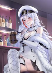  absurdres azur_lane beer_mug blush boots breasts coat commentary commission crossed_legs cup dress elbow_gloves english_commentary female fur-trimmed_coat fur_trim gloves hat highres holding holding_cup indoors large_breasts long_hair looking_at_viewer mug multicolored_hair off_shoulder peaked_cap red_eyes red_hair short_dress sitting sleeveless sleeveless_coat smile solo suprii tallinn_(azur_lane) thigh_boots two-tone_hair white_coat white_dress white_gloves white_hair 