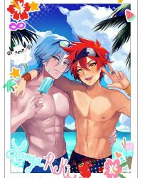  2boys abs blue_hair blue_male_swimwear eyewear_on_head food gunmetalrose hasegawa_langa holding holding_food holding_popsicle kyan_reki male_focus male_swimwear multiple_boys muscular muscular_male navel nipples open_mouth popsicle red_hair sk8_the_infinity topless_male yellow_eyes yeti_(creature) 