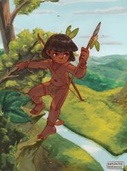  1boy aiming ankle_wrap artist_name barefoot black_hair blue_sky cloud dark-skinned_male dark_skin english_commentary grass highres khiuly loincloth male_focus navel original outdoors river scenery sky solo teca_(khiuly) toes topless_male tribal weapon 