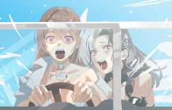  2girls bikini black_bikini black_hair blue_sky breasts brown_hair car_crash choker clinging collarbone commentary driving goddess_of_victory:_nikke hair_ornament heart heart_choker highres kobeni&#039;s_car_(chainsaw_man) light_brown_hair long_hair looking_at_viewer medium_breasts meme multicolored_hair multiple_girls nervous_sweating open_mouth outdoors pale_color pink_eyes power_crashes_kobeni&#039;s_car_(meme) red_eyes rosanna_(chic_ocean)_(nikke) rosanna_(nikke) sakura_(bloom_in_summer)_(nikke) sakura_(nikke) screaming shirt single_off_shoulder sky split-color_hair steering_wheel string_bikini sweat swimsuit tongue upper_body wge white_bikini white_choker white_hair white_shirt wide-eyed 