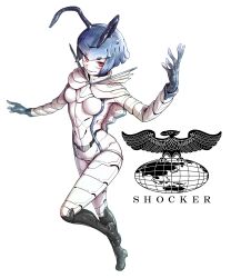  armor black_footwear blue_hair blue_skin boots colored_skin commentary cyborg eidenjyou1997 english_commentary female genderswap_(mtf) highres kaijin kamen_rider kamen_rider_(1st_series) knee_boots logo mechanical_hair monster_girl parted_lips red_eyes rule_63 shocker_(kamen_rider) simple_background solo white_armor white_background white_skin zanjioh 