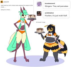  anthro arthropod bee belly black_sclera breasts duo english_text female female/female flat_chested fluffy food hi_res hooters hooters_uniform hymenopteran insects lepidopteran luna_moth midriff moth navel pancake partlysmith saturniid slightly_chubby slim small_breasts stinger text 