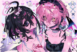  2girls absurdres angel_and_devil angel_wings bare_arms bare_shoulders black_choker black_dress black_hairband black_halo black_ribbon black_tail black_wings blood blood_on_hands bow breasts character_request chinese_commentary choker cleavage collarbone commentary_request copyright_request demon_tail demon_wings dress empty_eyes eyes_visible_through_hair frilled_dress frilled_hairband frills gradient_halo hair_between_eyes hair_ribbon hairband hairbow halo hand_on_another&#039;s_neck hand_on_hand head_tilt heart highres multicolored_halo multiple_girls oerba_yun_fang open_mouth parted_lips pink_background pink_hair pink_halo purple_eyes rabbit_on_shoulder ribbon short_hair sleeveless sleeveless_dress spaghetti_strap sparkle sundress sweat tail taowu_(20809) upper_body weibo_watermark white_bow white_dress white_halo white_ribbon white_wings wings 