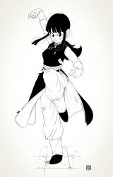  absurdres blunt_bangs blunt_sidelocks chi-chi_(dragon_ball) china_dress chinese_clothes commentary_request dragon_ball dragon_ball_(classic) dress female floating_clothes full_body greyscale highres leg_up long_hair looking_at_viewer low-tied_long_hair martial_arts monochrome open_mouth scratches signature sleeveless solo torn_clothes wristband y_man_07 