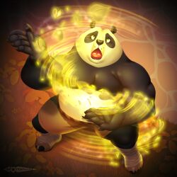  anthro bear black_nose dreamworks giant_panda kung_fu_panda leaf male mammal master_po_ping morishasu muscular muscular_male overweight overweight_anthro overweight_male simple_background solo water 