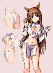  absurdres animal_ears black_thighhighs blue_eyes breasts brown_hair chinese_commentary cleavage cleavage_cutout clenched_hands clothing_cutout commentary_request cowboy_shot crop_top cropped_sweater ear_ribbon evolved_virgin_killer_sweater female grass_wonder_(umamusume) grey_background groin hands_up highres horse_ears horse_girl loincloth long_hair long_sleeves looking_at_viewer medium_breasts meme_attire midriff multicolored_hair multiple_views navel parted_bangs parted_lips pelvic_curtain ribbed_sweater sidelocks simple_background single_thighhigh skindentation smile standing sweater thigh_strap thighhighs turtleneck turtleneck_sweater umamusume white_hair white_sweater xg_epee 